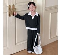 Top à manches longues avec col polo gris et blocs de couleur pour jeune fille, assorti à un pantalon décontracté. Ensemble de 2 pièces convenant pour les sorties et l'école 6Y,7Y,4Y,5YUnicolorePolyest