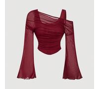 Top à manches longues avec épaules dénudées, mailles rouges et manches évasées. Style occidental rétro et élégant pour adolescentes 14Y,13Y,16Y,15YUnicolorePolyamide