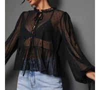 Top à manches longues avec volants, col montant, nœud papillon et maille à pois transparente. Top mignon d'automne pour femmes, rentrée scolaire, automne, hiver, sortie, décontracté et bohème L,M,S,XL