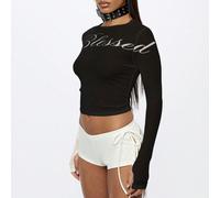 Top à manches longues en maille à la mode d'automne avec design graphique script, style contemporain longueur crop, mode alternative, esthétique tranchante, collection automne-hiver L,M,S,XL,XSTissu e
