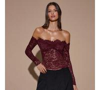 Top à manches longues sexy et transparent avec décolleté épaules dénudées en dentelle pour femmes, rouge vin, Jour des Morts, superposition automne/hiver, Noël, Saint-Valentin L,M,S,XL,XS,XXL,XXS,XXXL