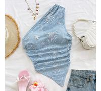 Top à sequins bleu clair asymétrique à une épaule pour femme, orné de sequins scintillants, idéal pour une soirée d'été années 70, une invitée à un mariage à la plage ou un festival de musique bohème.