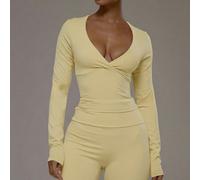 Top actif à manches longues à double couche avec encolure V et devant croisé. Convient pour le sport, l'entraînement, le gym, le pilates, la fitness et un usage quotidien décontracté. Couleur jaune be