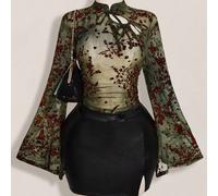 Top ajusté à manches évasées, col cheongsam, style chinois moderne, avec motif floral marron sur maille verte, style avant-gardiste à la mode millénaire pour femmes grandes tailles au printemps/été 0X