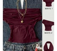 Top ajusté de couleur unie polyvalent pour adolescente, tenue décontractée d'été, design col montant épaules dénudées, élégant et gracieux, convient pour les festivals, la campagne, les vacances à la 