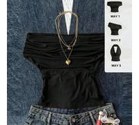 Top ajusté en tricot noir confortable et polyvalent pour jeune fille. Polyvalent pour l'été, avec un col montant et un design épaules dénudées. Élégant, convient pour les vacances, la campagne, les va
