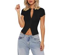Top ajusté Femme Manche Courte, Tee-Shirt boutonné Coupe cintrée, Haut Court Tendance Ouvert Devant, Blouse décontractée pour l'été adapté à Tous Les Styles Quotidiens