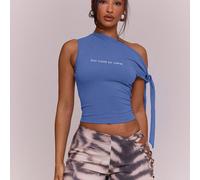 Top ajusté sexy avec imprimé graphique "Too Cold To Care", épaules asymétriques à nouer, style mignon et élégant, pour soirée, rendez-vous, festival, vacances, Ibiza et club, printemps-été L,M,S,XL,XS