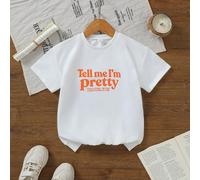 Top ample à col rond et manches courtes pour jeunes filles, corps blanc avec le slogan anglais orange "Dis-moi que je suis jolie, C'EST BIEN, JE VAIS BIEN, TOUT VA BIEN", un style mignon américain qui