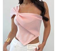 Top asymétrique élégant de couleur unie avec nœud pour femmes, Top rose clair, à porter au bureau/pour des négociations d'affaires et en tenue décontractée/pour un thé entre amies/pour faire du shoppi