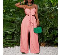 Top bandeau à nouer devant et pantalon pattes d'éléphant rose rouge, tenue de villégiature pour femmes L,M,S,XL,XS,XXL,XXS,XXXL,XXXXLUnicoloreTissu tissé