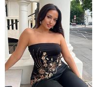 Top bandeau asymétrique noir brodé, pailleté et scintillant, style boho vintage années 2000 pour les sorties, les vacances et la mode des femmes L,M,S,XSBlocs de couleur,PlantesTissu tricoté