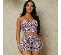 Top bandeau court à imprimé léopard et papillon & Short cycliste L,M,S,XL,XS,XXLImprimé léopard,PapillonTissu tricoté