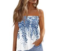 Top Bandeau,Femmes Bustier Bandeau Tops Sexy Été Tunique sans Manches Chic T-Shirt Floral Debardeur Ample Pas Cher Haut Dos Nu Blouse Cadeau Femme,Bleu,L,A127