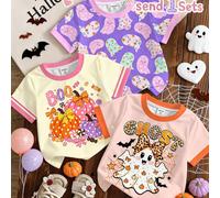 Top bébé fille Halloween décontracté minimaliste mignon brillant texturé fantôme petit diable, imprimé léopard, chauve-souris, motif toile d'araignée, couleur citrouille, manches courtes col rond, ada