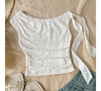Top blanc ivoire asymétrique à volants en dentelle avec liens d'épaule pour jeune fille, pour vacances, fête, festival de musique, style bohème, rendez-vous de l'après-midi, crochet, lin 8Y,9Y,10Y,11Y