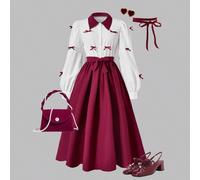 Top blanc pour adolescente avec un design patchwork comportant une manche à volants en forme de nœud de couleur bordeaux. Jupe longue. Polyvalent, simple, élégant, confortable, convient aussi bien pou