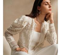 Top blanc pour femmes avec col rond, manches gigot et bordure en dentelle, style décontracté pour vacances de printemps et Saint-Valentin L,M,S,XLTissu tissé
