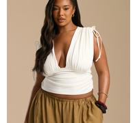 Top blanc sans manches à épaules drapées et froncées, grande taille. Élégant et chic pour une soirée blanche, enterrement de vie de jeune fille, voyage, Ibiza, vacances d'été. Tenue décontractée. 0XL,