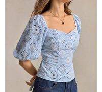 Top bleu pour femmes à col carré, taille élastique à nouer, broderie ajourée, manches bouffantes, style français élégant et sexy, effet amincissant, polyvalent, pour bureau, trajets, milieu profession