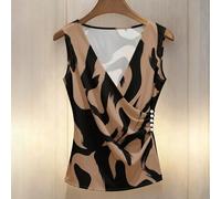 Top/Blouse sans manches élégant, charmant, décontracté, polyvalent pour le travail et les vacances. Imprimé graffiti abstrait noir et blanc avec col en V, froncé sur les côtés et décoré de perles. à l