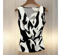 Top/Blouse sans manches élégant et polyvalent, imprimé graffiti abstrait noir et blanc, col V, côtés froncés, décoré de perles. Chic français, décontracté, idéal pour le travail ou les vacances. Nouve