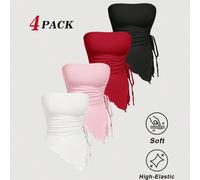 Top bustier à plis taille nouée sur les côtés, Top tube imprimé rétro, Top de printemps, Top de sortie, Nouvel An, Hauts sexy, Top de bal, Hauts mignons, Hauts sans bretelles, Lot de 4 hauts tubes, Te