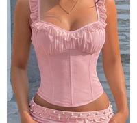 Top bustier court ajusté élégant de couleur unie avec bordure à volants et structure baleinée, coupe amincissante pour vacances d'été & festival de musique rose L,M,S,XL,XSTout ImpriméTissu tissé