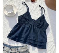 Top camisole court en dentelle bleu marine pour adolescentes, top camisole extensible superposé pour l'été, style décontracté Y2K esthétique, pour le port quotidien (YY1300) 14Y,13Y,16Y,15YUnicolorePo