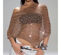 Top châle asymétrique en maille ajourée transparente avec décor de sequins, marron rouille, style années 70, mode femme pour soirée, fête, festival et vacances à la plage en été L,M,S,XSUnicoloreTrico