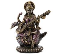Top Collection Sculpture de la déesse hindoue de la Musique et de la Connaissance Saraswati Assise sur Un Cygne Jouant de la vina