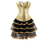 Top Corset Bustier pour Femme - Robe Corset en Cuir PU Doré Corset Sexy Steampunk À Lacets avec Jupe Tutu Ensembles Costume Cosplay Gothique Taille Plus,Or,XL