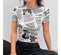 Top court à bord de laitue imprimé journal, DEPASSER VOUS-MEME AMOUR, Rêver grand comme l'univers, Soyez votre propre soleil L,M,S,XL,XS,XXL,XXSPortrait,SloganTissu tricoté