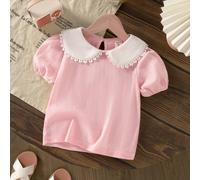 Top court à manches courtes pour jeune fille, motif jacquard tricoté floral, col claudine avec bordure en dentelle, doux et mignon, confortable pour un usage casual, pour un port quotidien 6Y,7Y,4Y,5Y