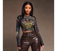 Top court à manches longues avec impression de vitrine en maille, style décontracté, icône de rue, pour la Saint-Valentin, club de nuit L,M,S,XL,XS,XXL,XXS,XXXL,XXXXLGalaxie,graphique,Lettres,Plantes,