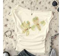 Top court asymétrique plissé avec imprimé floral tropical d'hibiscus et de frangipanier vert menthe, élégant et décontracté. Convient aux adolescentes pour le printemps/été, les vacances, la maison, l