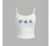 Top court graphique blanc rétro avec motif tortue, coquille et fleur. Décontracté et sexy, convient pour les vacances, les festivals de musique, les vacances à la plage, l'été. Top de plage mignon ave