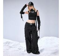 Top court serré à manches longues avec design de raccord à motif métallique futuriste et effet lavé L,M,S,XL,XSHalloweenTissu tricoté