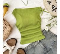Top court texturé à une épaule plissée, style jacquard, élégant et décontracté pour vacances, pour jeune fille 8Y,9Y,10Y,11Y,12YUnicolorePolyester