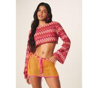 Top court tricoté à manches longues avec motif zigzag et larges manchettes évasées, mode décontractée d'automne, pull-over L,M,S,XL,XS,XXL,XXS,XXXL,XXXXLGéométriqueTissu tricoté