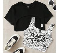 Top court unicolore d'artiste et débardeur imprimé de slogan et de crâne "PUNK'S NOT DEAD", pour l'été, 95% coton, vacances, sortie, festival, tenues pour Ibiza, vêtements occidentaux SHEIN X BoredToD