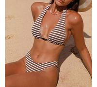 Top de bikini triangle à col ras-du-cou en V, sans armature, bonnets souples, connecteur à perle ronde noire entre les bonnets gauche et droit, bretelle ras-du-cou autour du cou pour un ajustement rég
