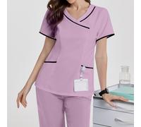 Top de blouse de travail d'été à encolure en V avec garniture contrastée et manches courtes L,M,S,XLBlocs de couleur,RayéTissu tissé