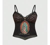 Top de Cami Réservoir avec Imprimé Léopard Patchwork Sainte-Marie, Strass et Dentelle en grande taille Style Y2K 0XL,1XL,2XL,3XLBlocs de couleur,UnicoloreTissu en tulle