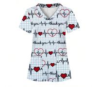 Top de chirurgie imprimé ECG blanc tout-sur-femme avec 2 poches, t-shirt confortable pour les professionnels de la santé - uniforme doux, respirant et pratique convenant aux hôpitaux, cliniques dentai