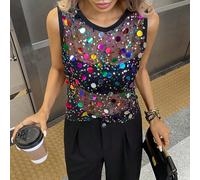 Top de crop festif noir décontracté, effect de résille, perlé, pour festival de musique et vacances L,M,S,XL,XS,XXL,XXS,XXXL,XXXXLFloralSequins