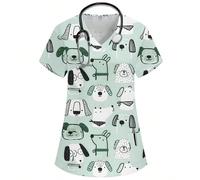 Top de femme à col en V, manches courtes, avec deux poches, imprimé mignon d'animal, de chiot, de fleurs, uniforme d'infirmière/médecin, uniforme chirurgical d'examen, uniforme de toilettage pour anim