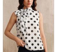 Top de femme de haute qualité, à la mode, d'été, nouveau, vintage, doux, à pois, sans manches. Col montant avec nœud, texture ample et affinante, idéal pour le travail et les sorties. Taille standard,