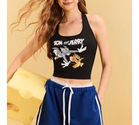 Top de femme d'été confortable et décontracté avec motif amusant de chat et souris en impression, col ras-du-cou, coupe courte et près du corps, motif de bande dessinée L,M,S,XL,XS,XXL,XXS,XXXL,XXXXLB