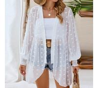 Top de plage ample grande taille pour l'été, blanc élégant en mousseline jacquard, cache-maillot avec manches lanternes, protection solaire, col châle, devant ouvert et ourlet asymétrique, style vacan